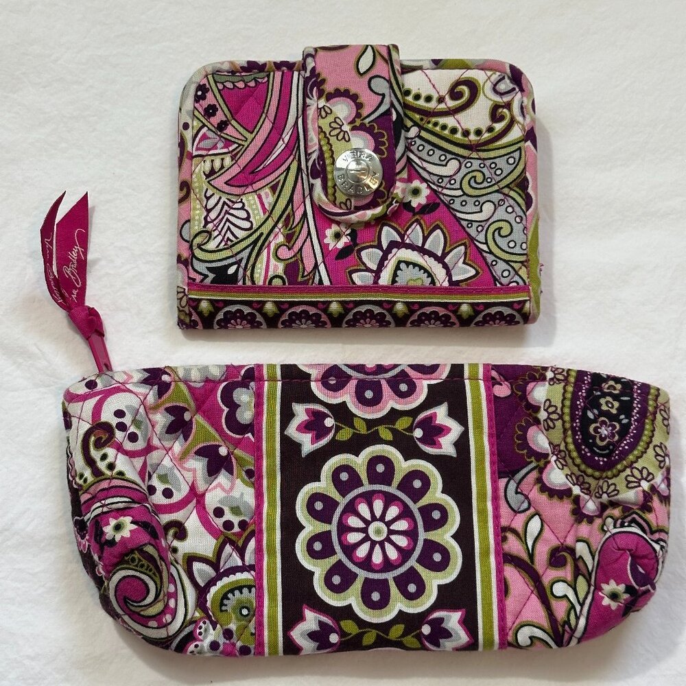 Vera Bradley Euro Wallet and Brush & Pencil Case Very Berry Paisley SET EUC